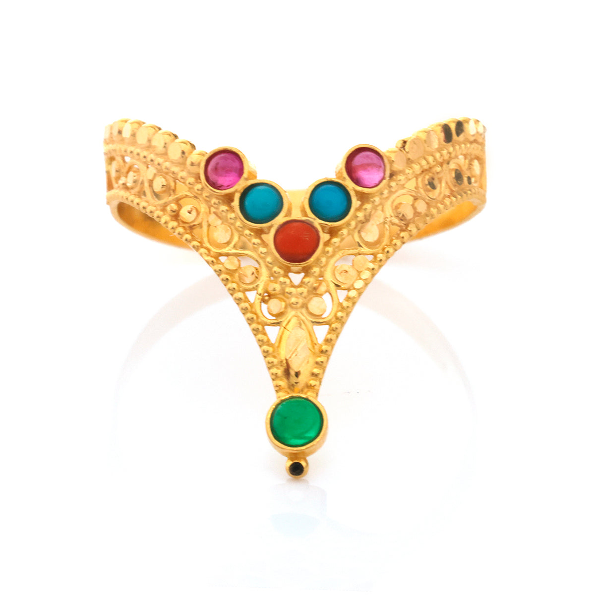 21K Gold V-Shape Multistone Filigree Ring - Zero making charge