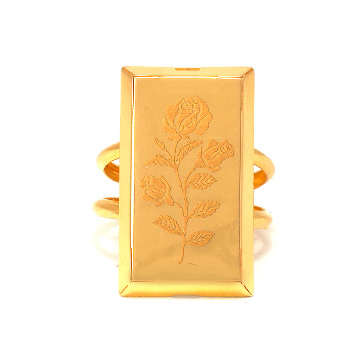 Gold ring with engraved rose design on a white background