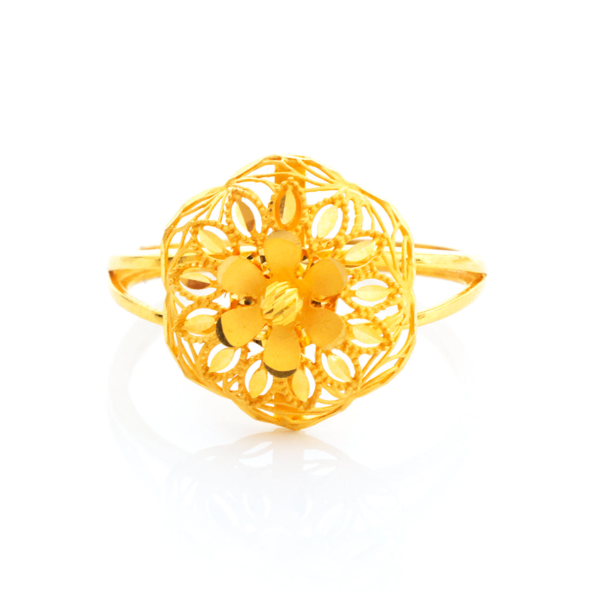 Gold bracelet with floral design on a white background