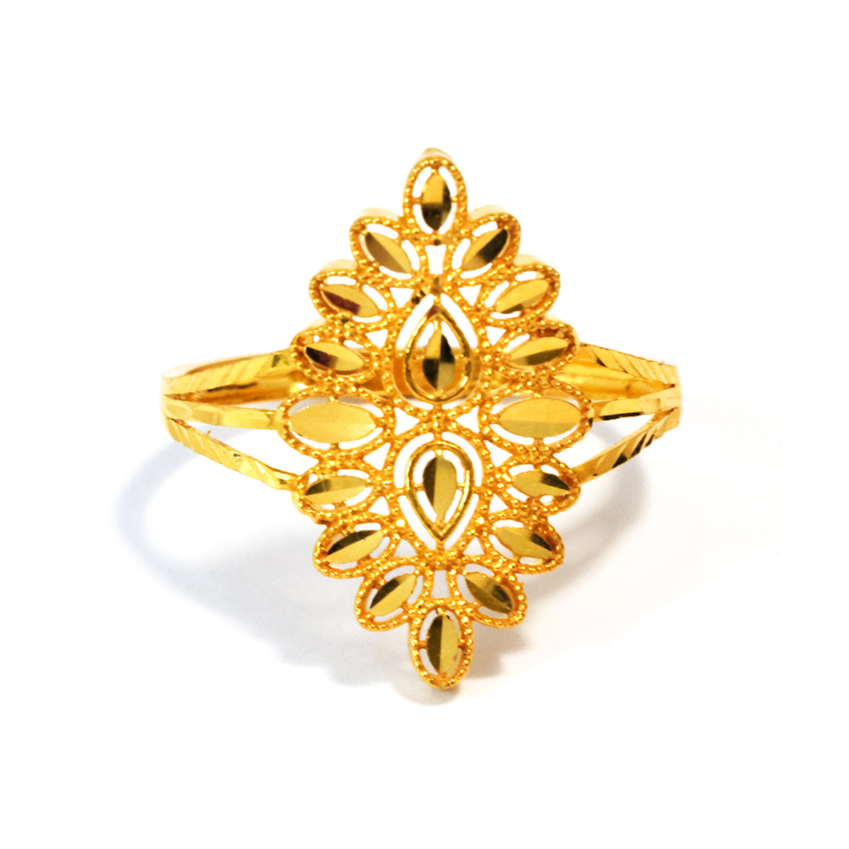 Gold bracelet with intricate design on a white background