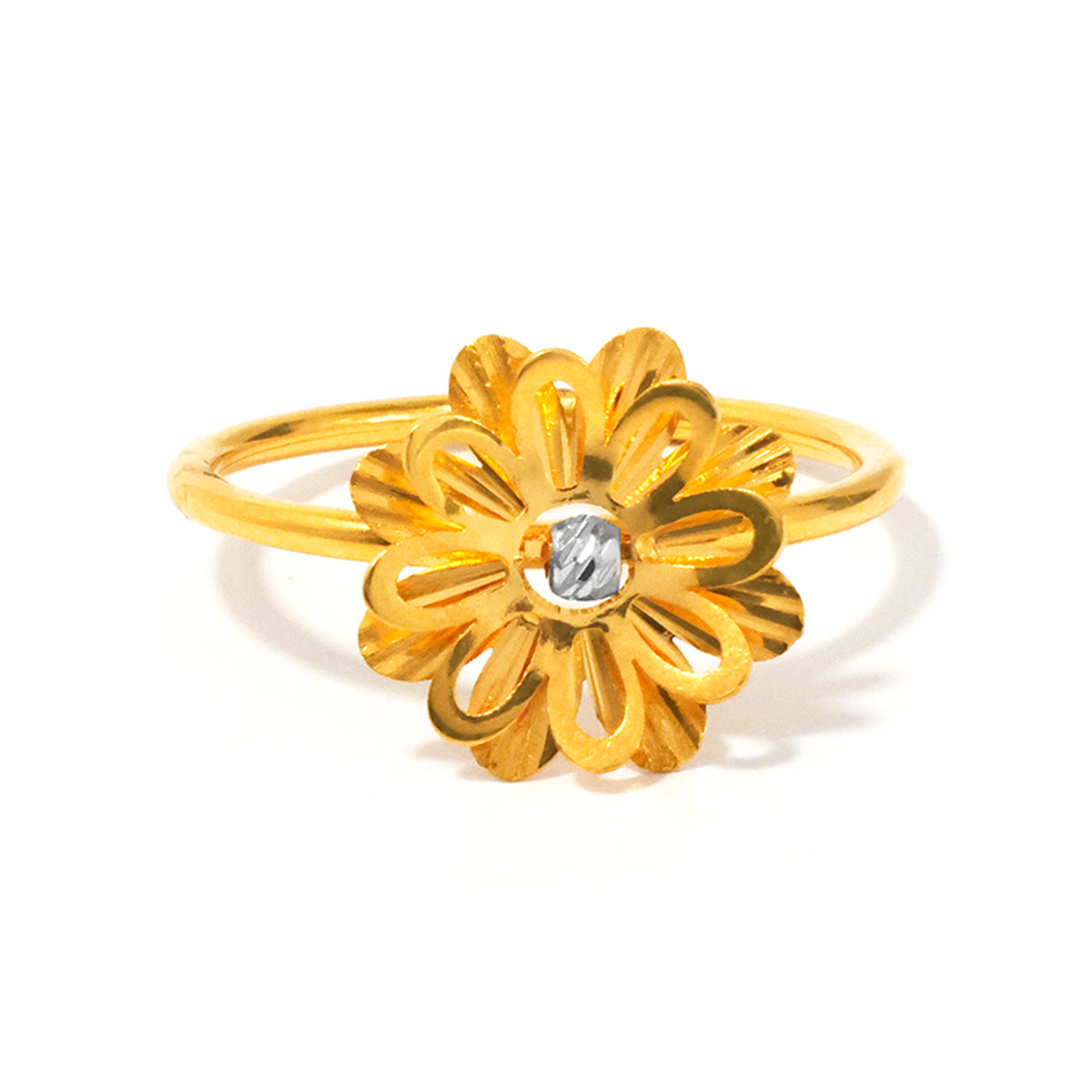 Gold flower-shaped ring with a central gemstone on a white background