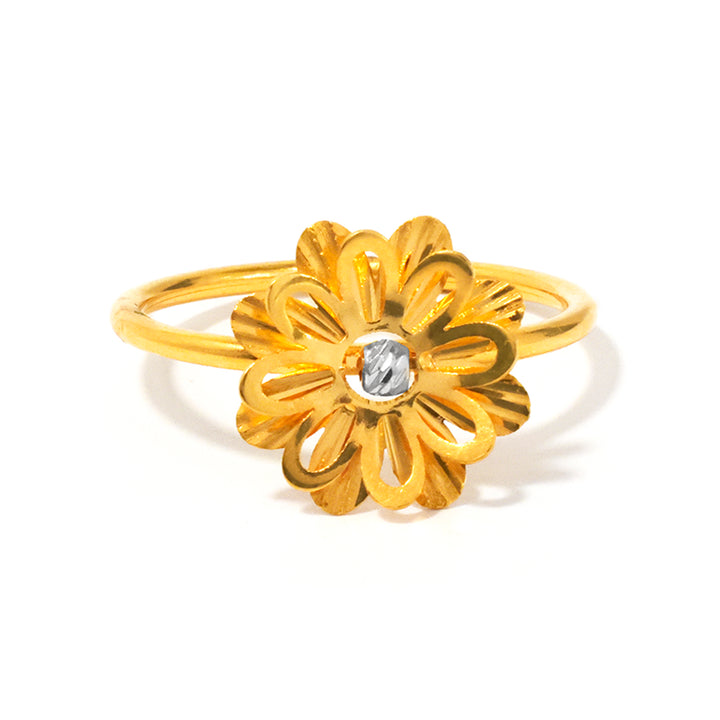 Gold flower-shaped ring with a central gemstone on a white background