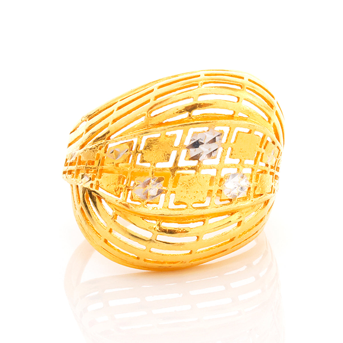 Gold ring with intricate design and embedded crystals on a white background