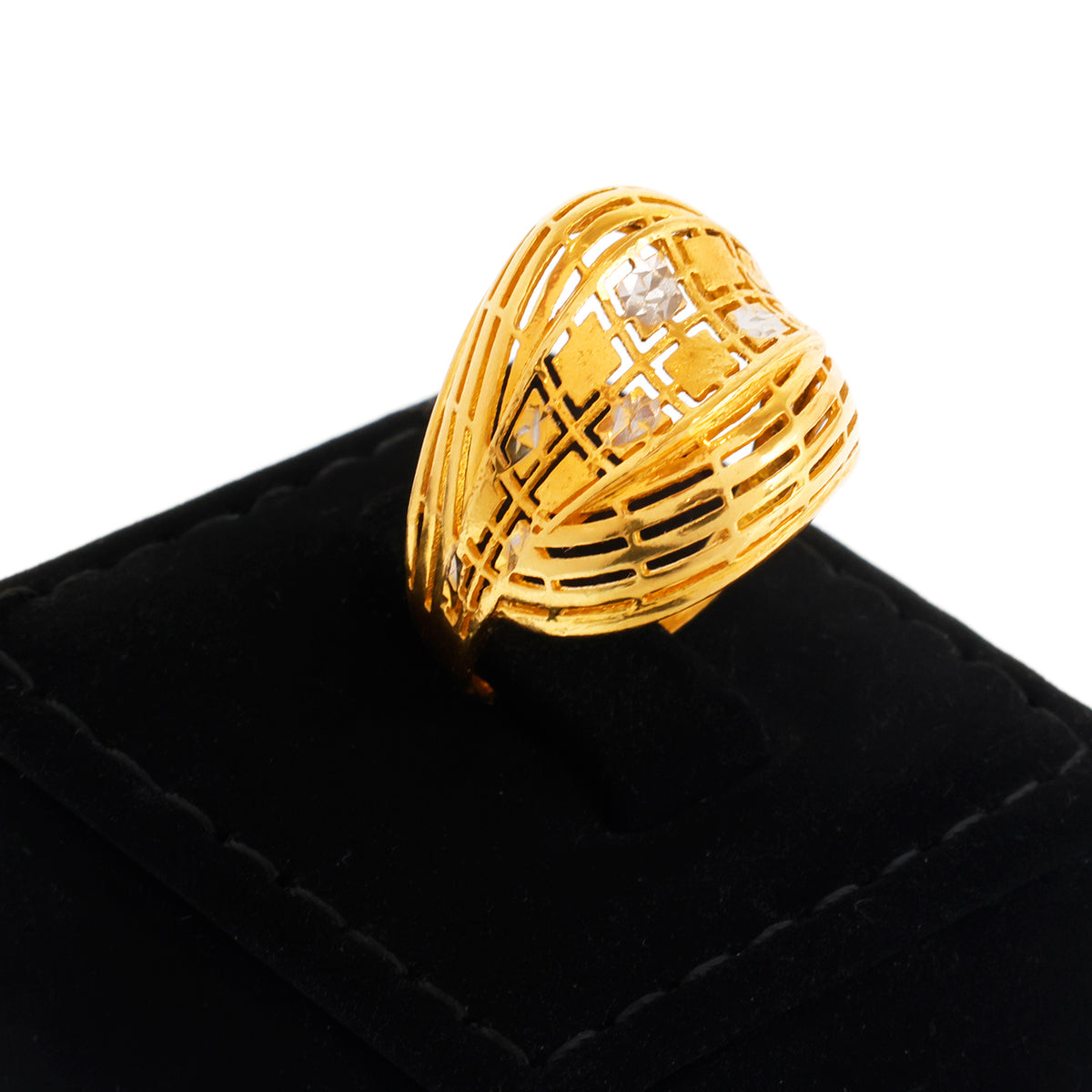Gold ring with a textured design on a black stand against a white background
