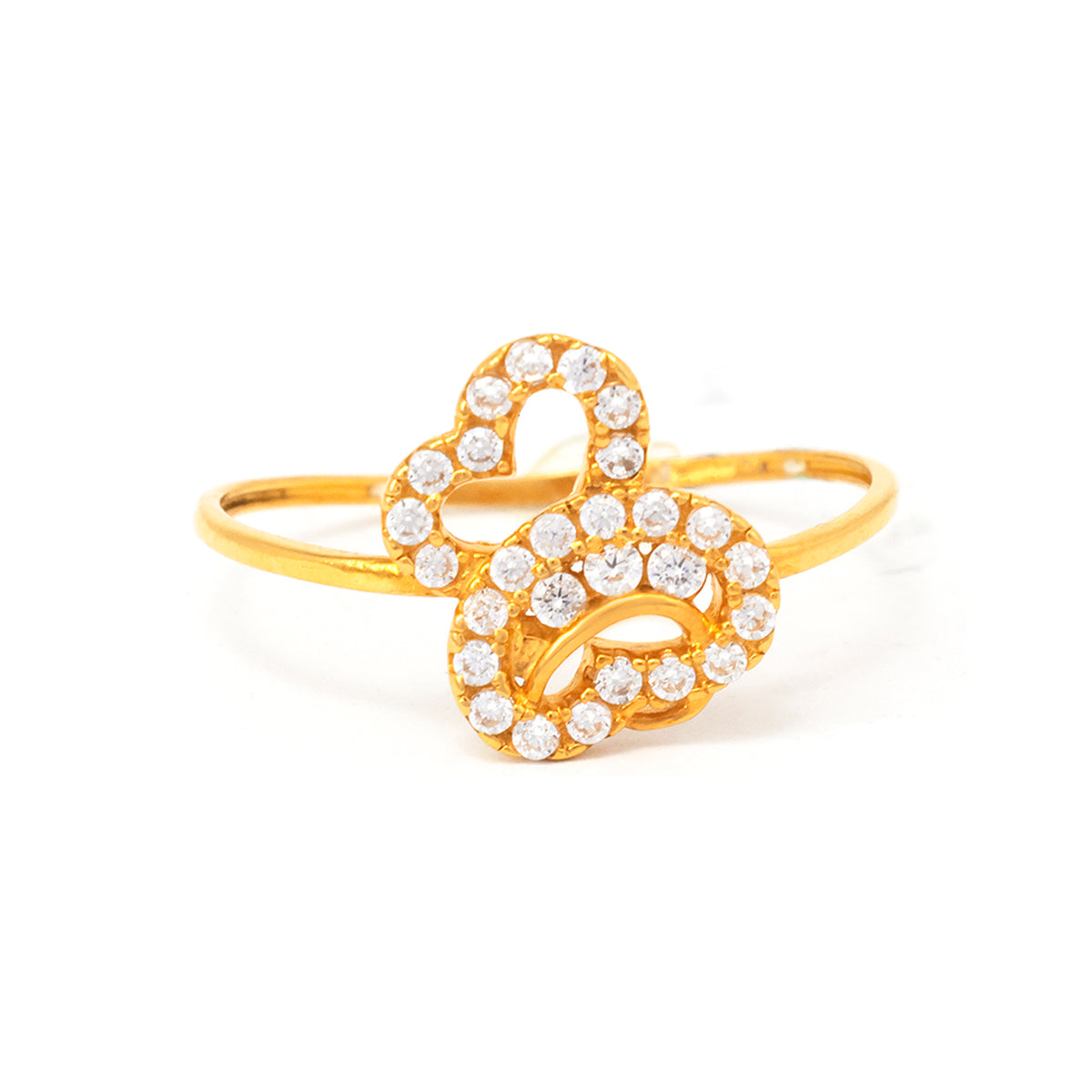 Gold bracelet with heart-shaped design and clear stones on a white background