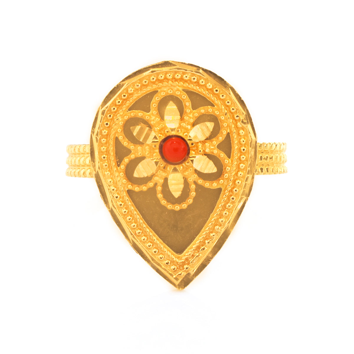 A gold teardrop-shaped ring with an intricate floral filigree design and a central red gemstone, shown on a plain white background.