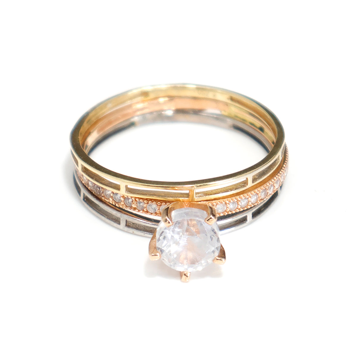 18K Gold Tri-layer CZ Solitaire Ring with Accent Stones – Main View