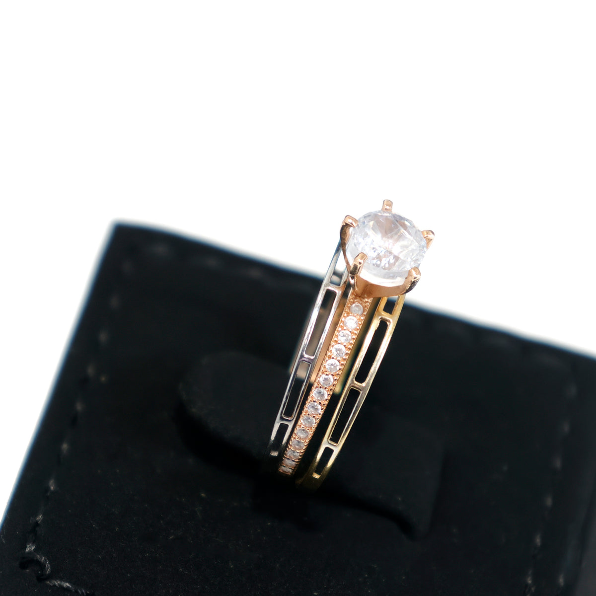 18K Gold Tri-layer CZ Solitaire Ring with Accent Stones – Side Angle