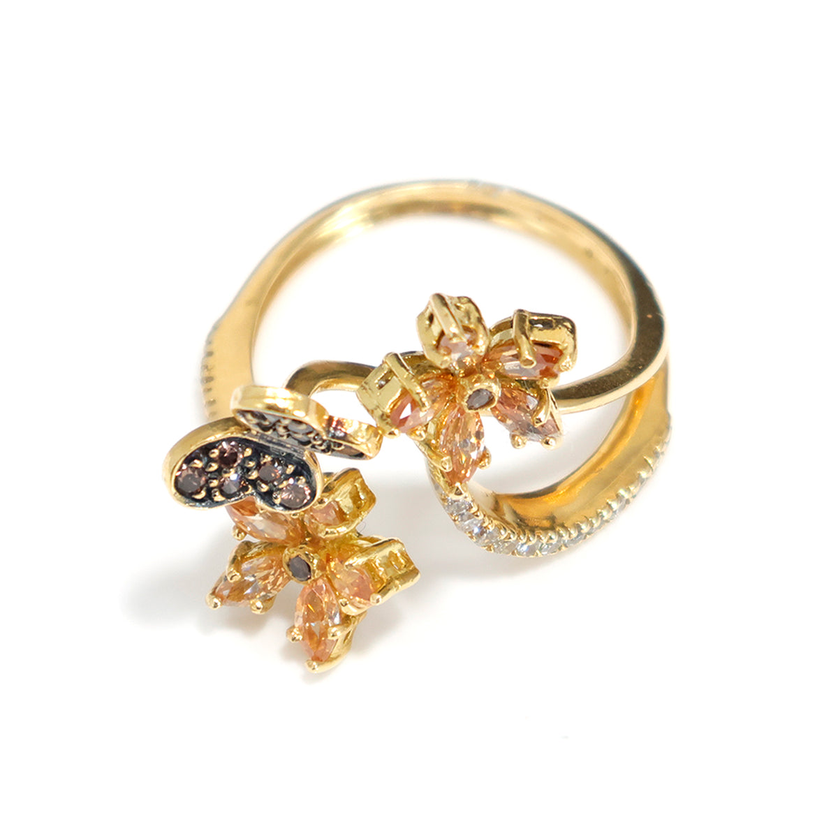 18K Gold Butterfly Floral CZ Ring with Elegant Design – Main View
