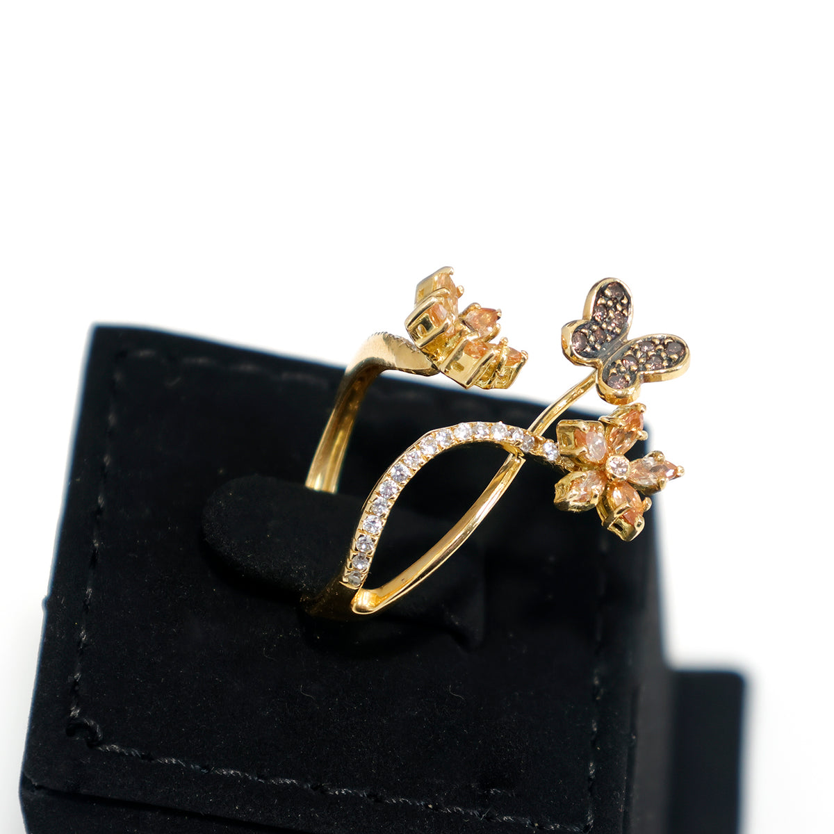18K Gold Butterfly Floral CZ Ring with Elegant Design – Side Angle