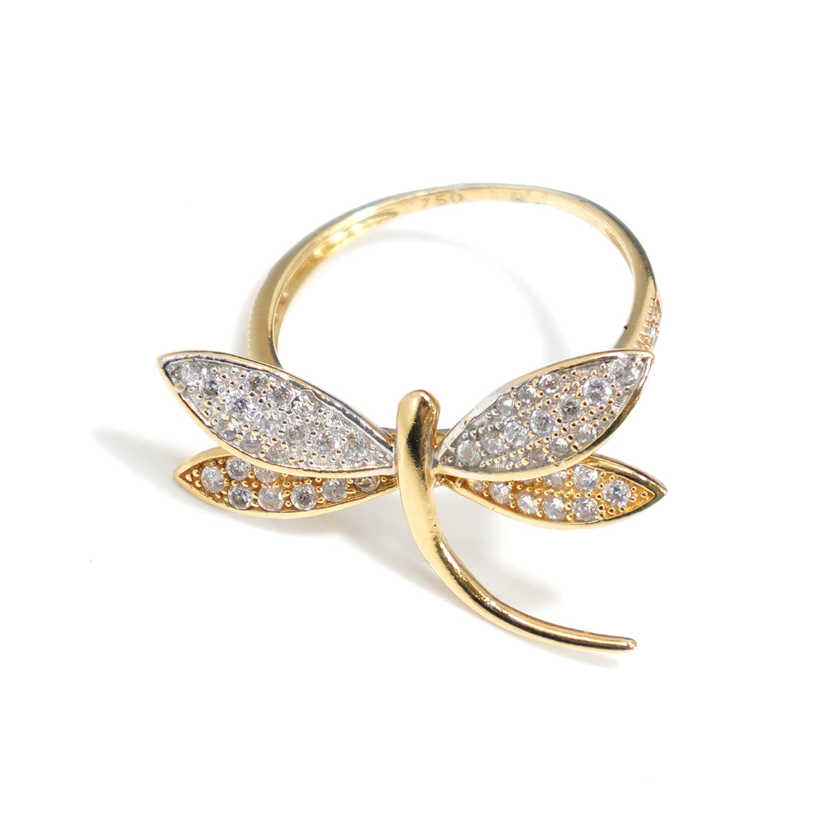 18K Gold Dragonfly Design Ring with CZ Stones - Main View