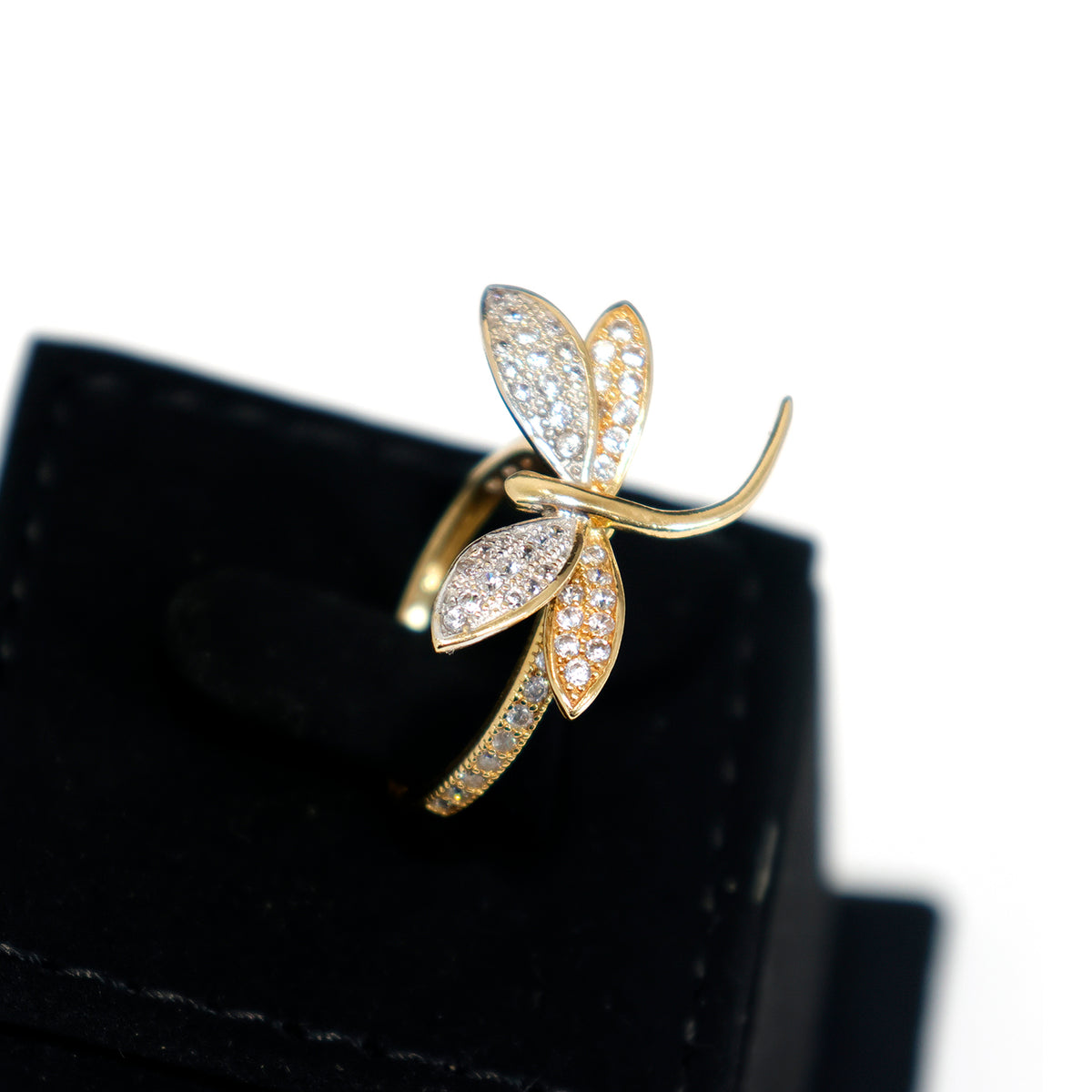 18K Gold Dragonfly Design Ring with CZ Stones - Side Angle