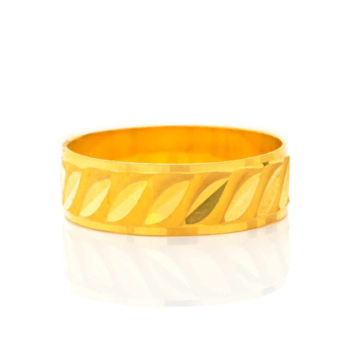 Gold bracelet with leaf pattern on a white background