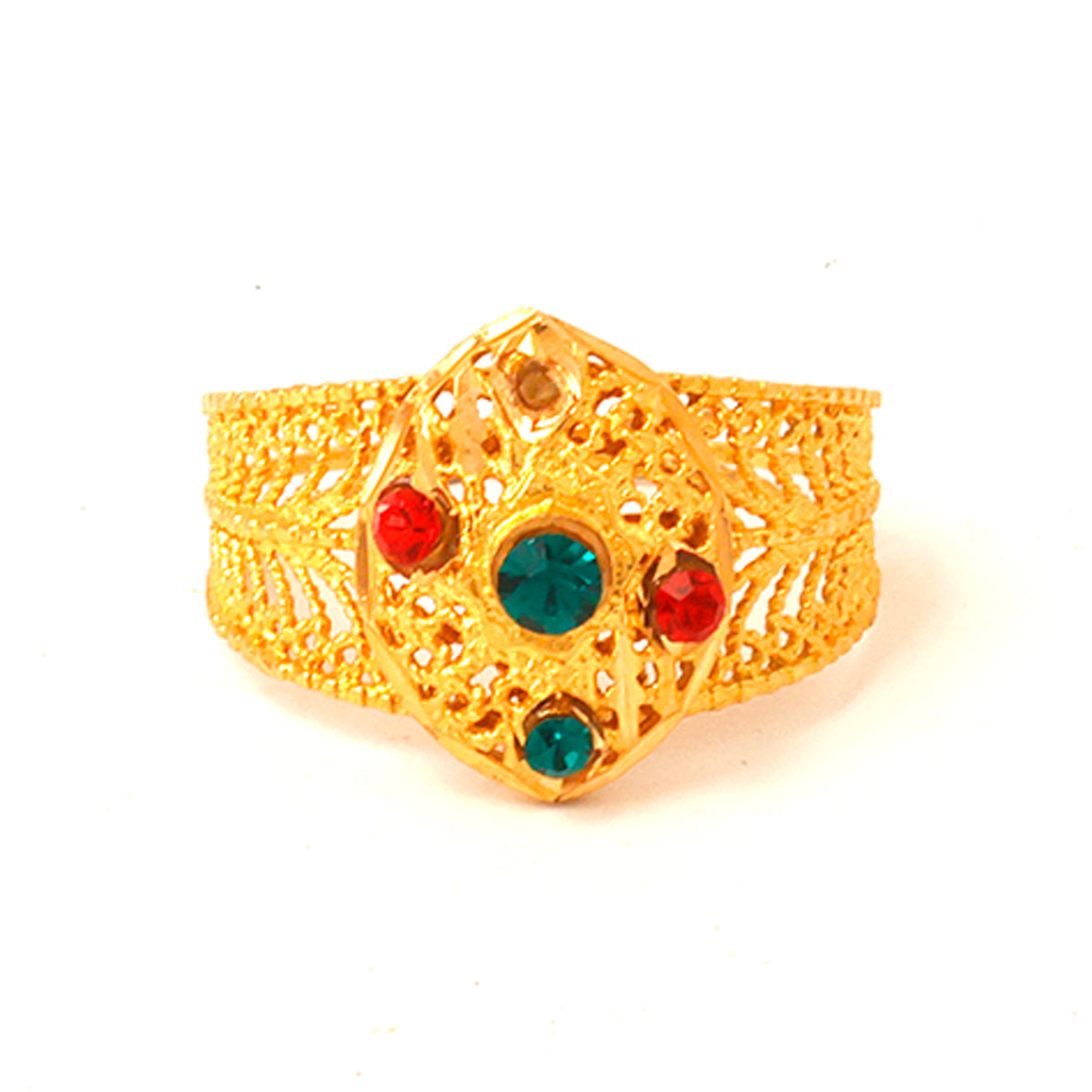 Gold bracelet with red and green gemstones on a white background