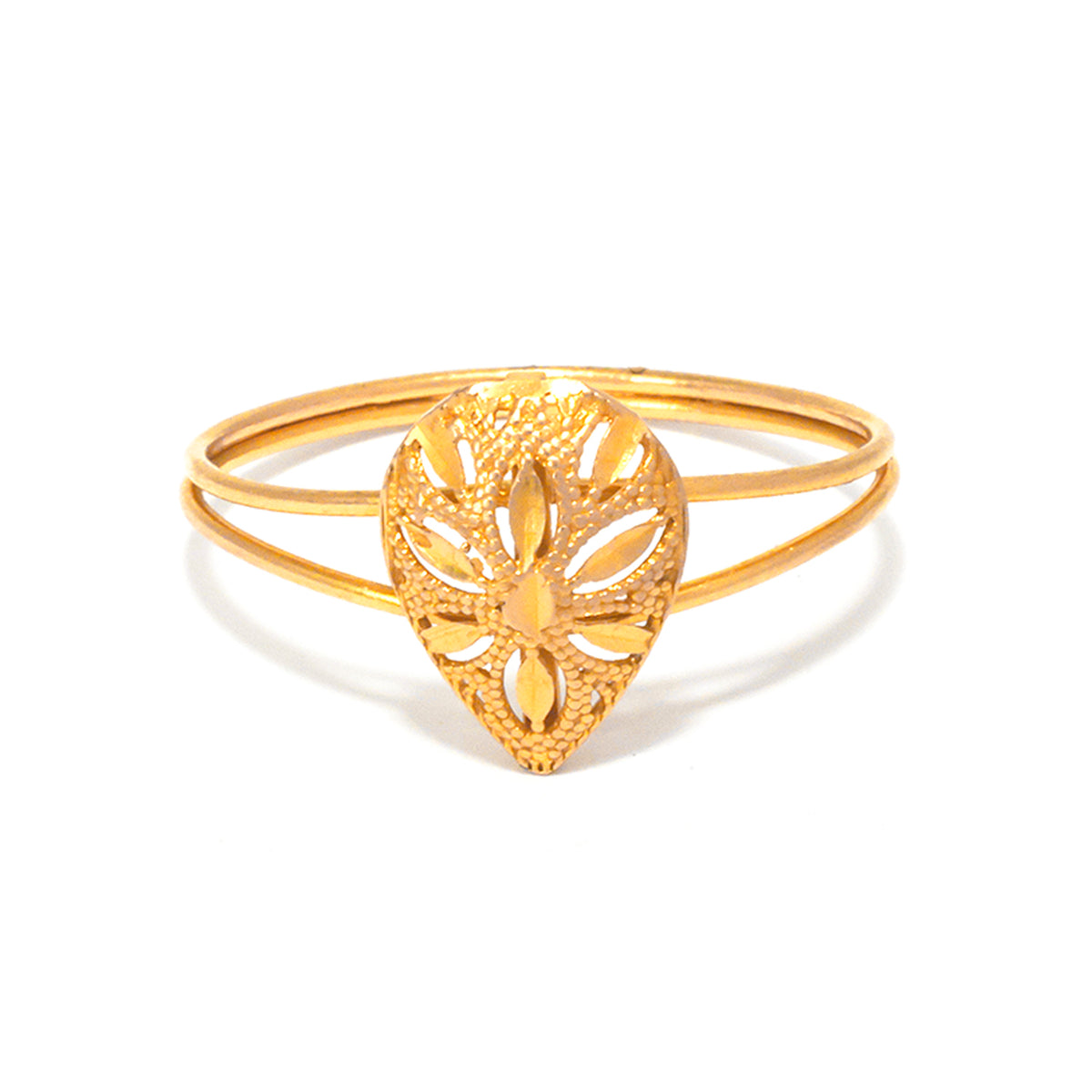Gold bracelet with a decorative heart-shaped clasp on a white background