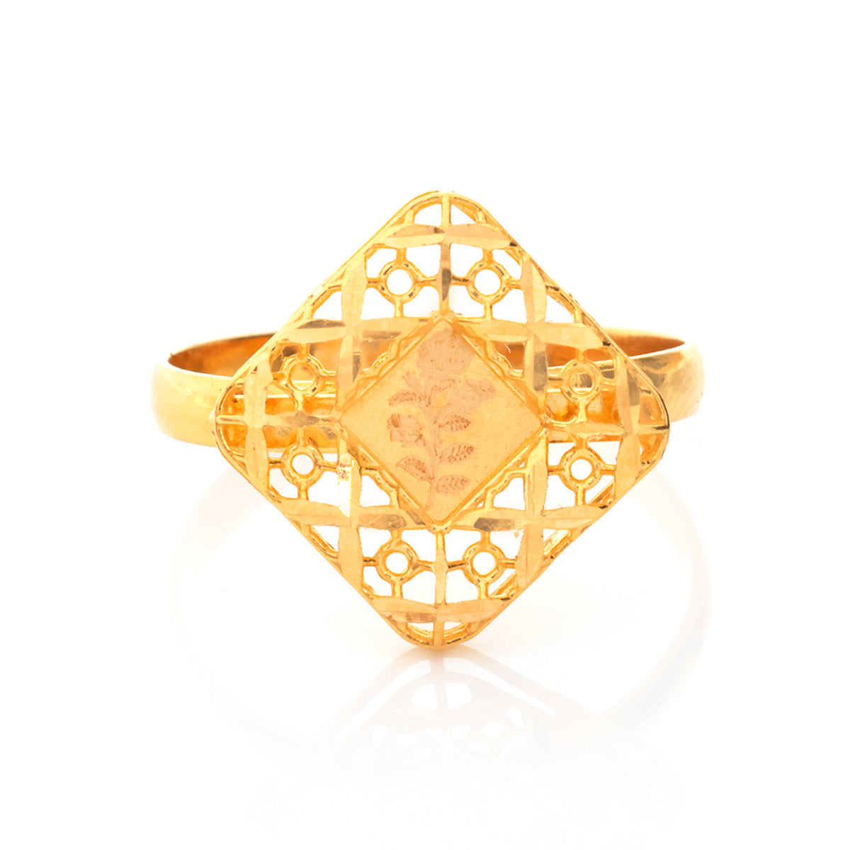 21K Gold Diamond-Shape Filigree Floral Ring - Zero making charge