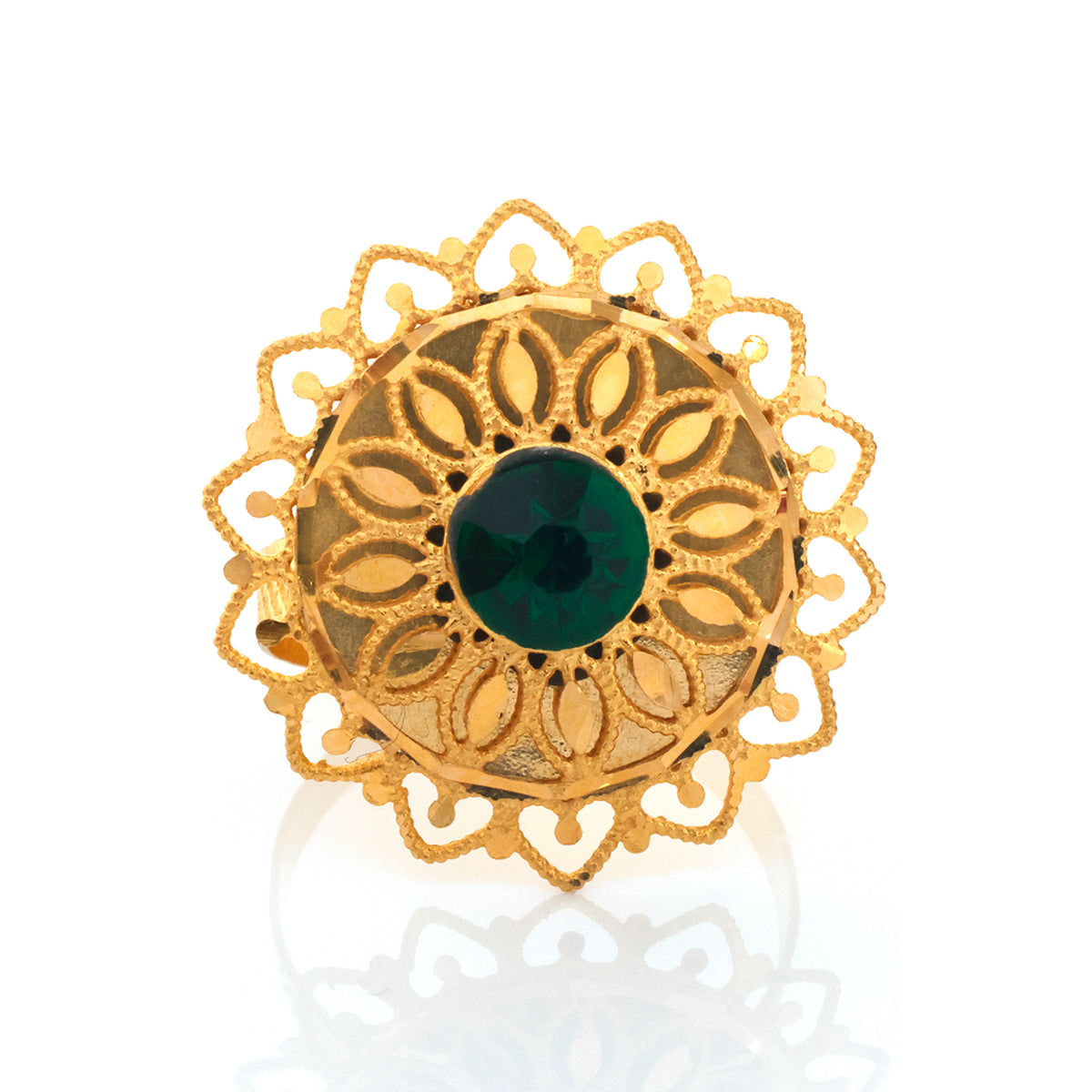 21K Gold Filigree Dome Cocktail Ring Green Stone - Zero making charge