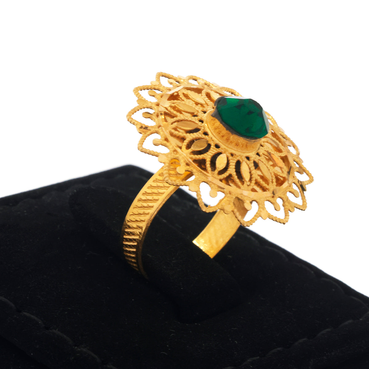 21K Gold Filigree Dome Cocktail Ring Green Stone - Zero making charge