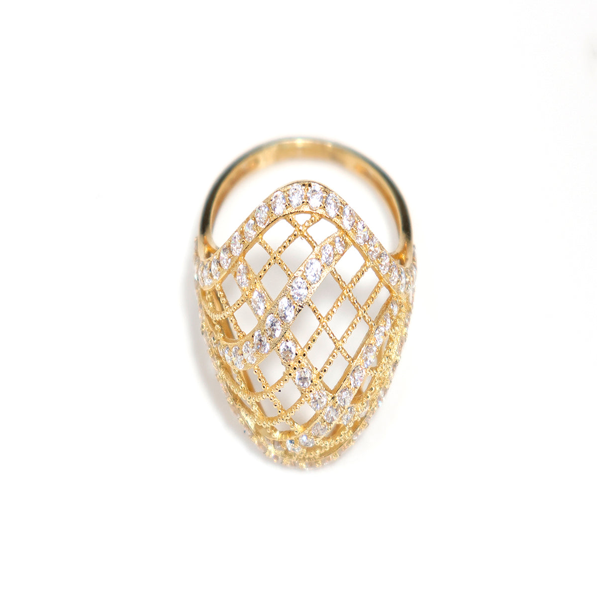 18K Gold Lattice CZ Ring with Open Mesh Design - Main View