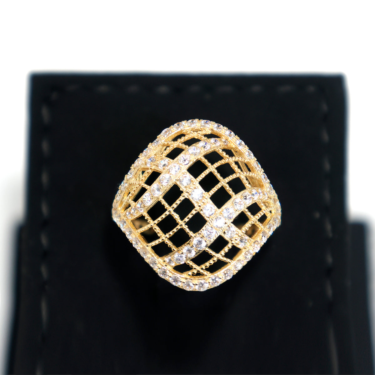 18K Gold Lattice CZ Ring with Open Mesh Design - Close View