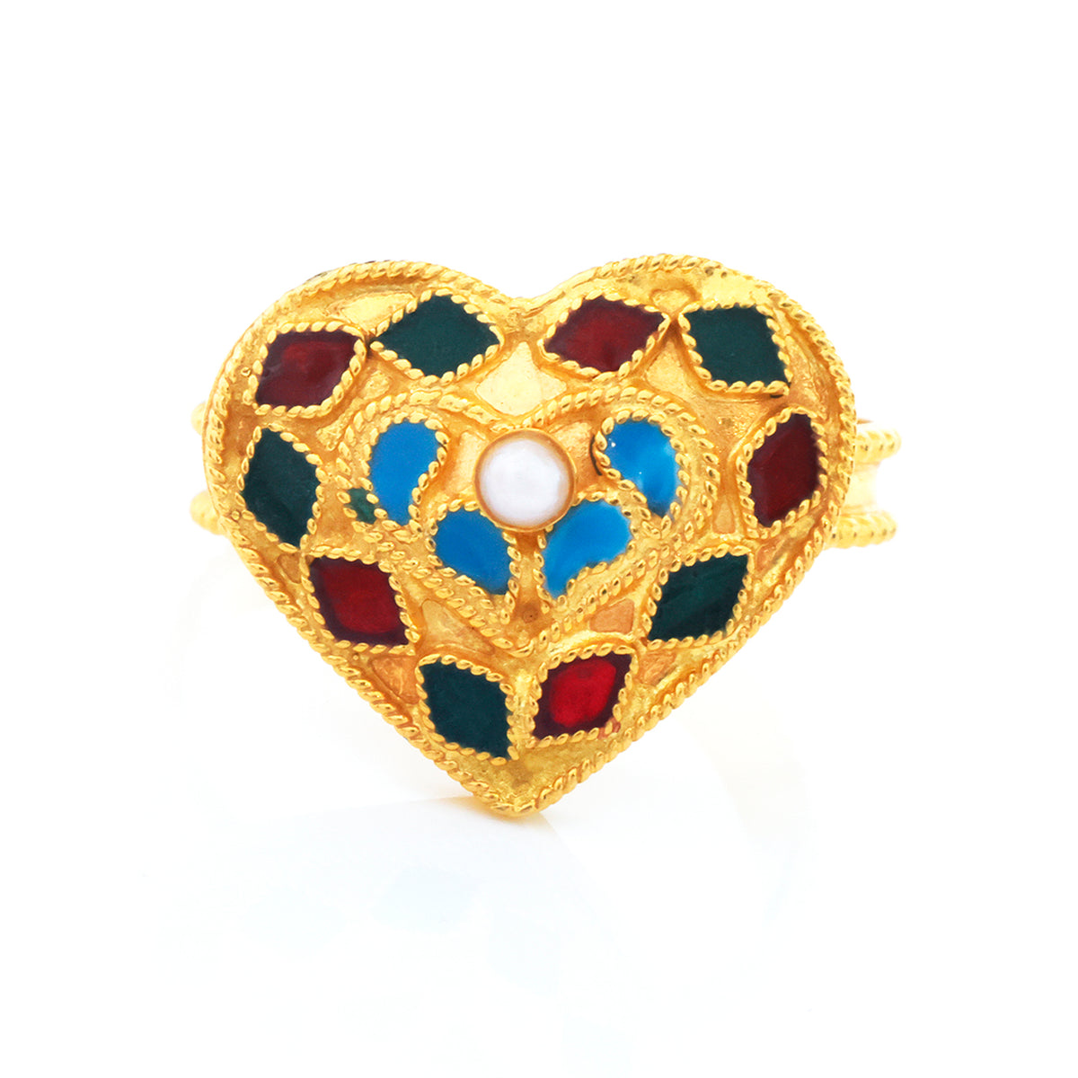 A gold heart-shaped ring featuring colorful enamel details in red, blue, and green, with a central white pearl, set against a plain white background.