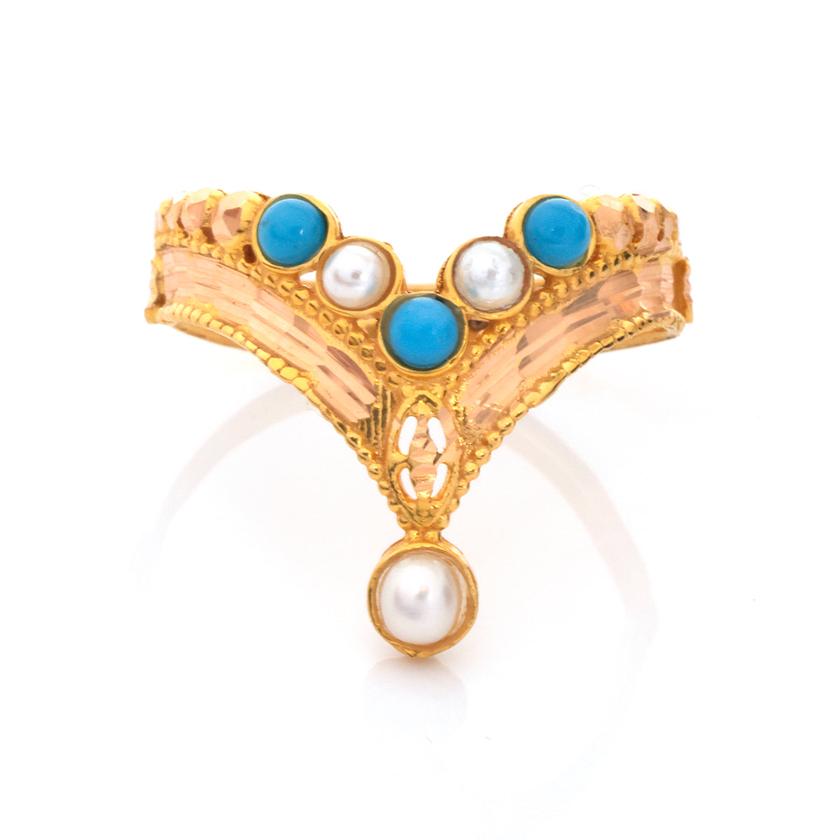 21K Gold V-Shape Pearl Turquoise Stone Ring - Zero making charge