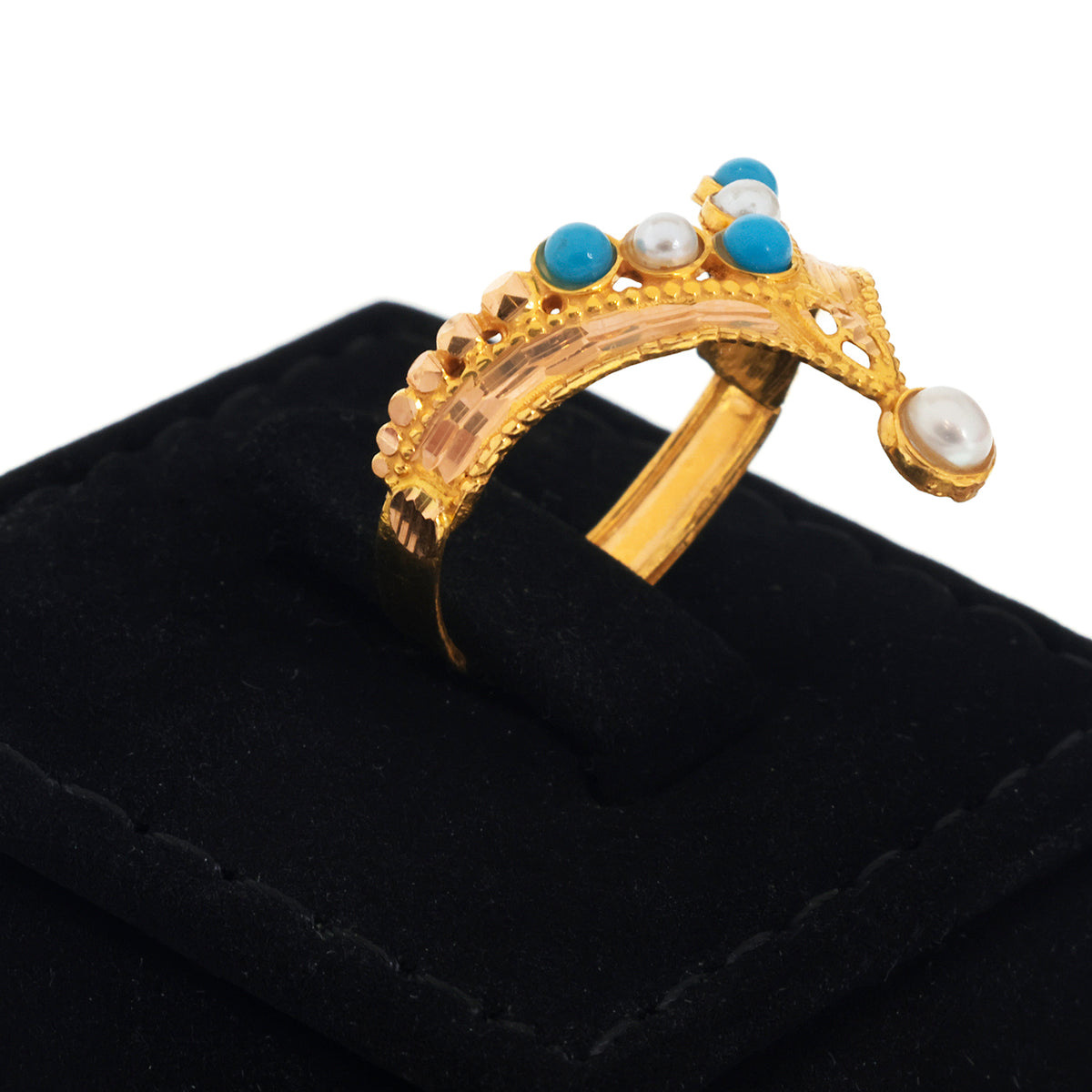 21K Gold V-Shape Pearl Turquoise Stone Ring - Zero making charge