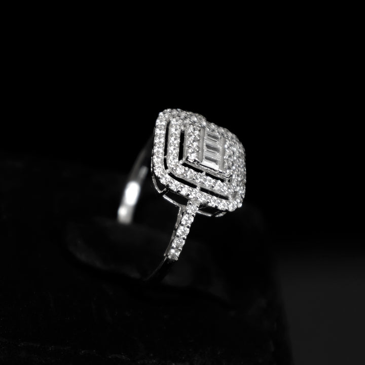 18K Gold Square CZ Halo Ring - Elegant Designer Style - Side Angle