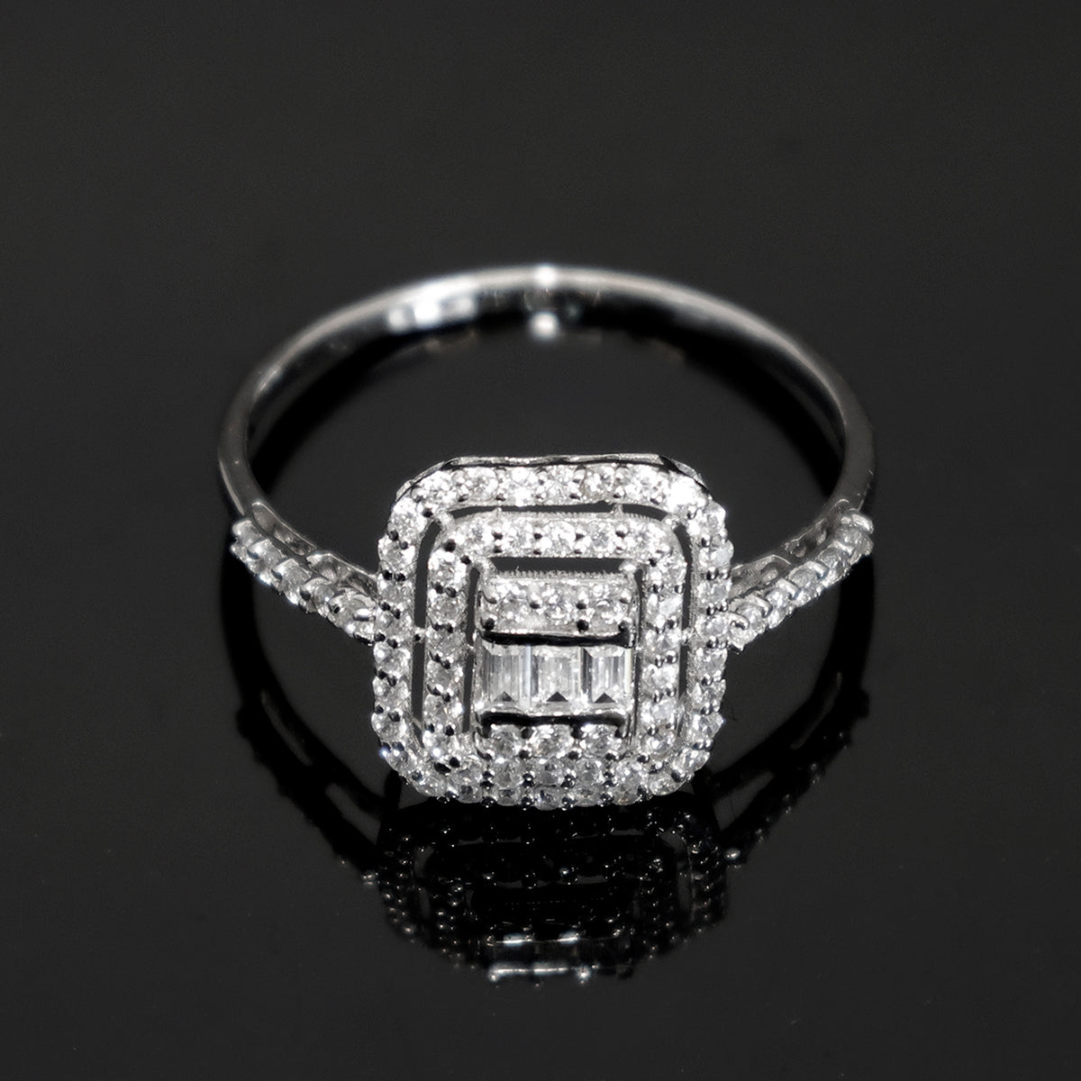 18K Gold Square CZ Halo Ring - Elegant Designer Style - Main View