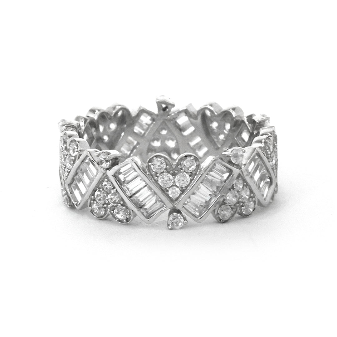 Silver ring with diamond accents on a white background