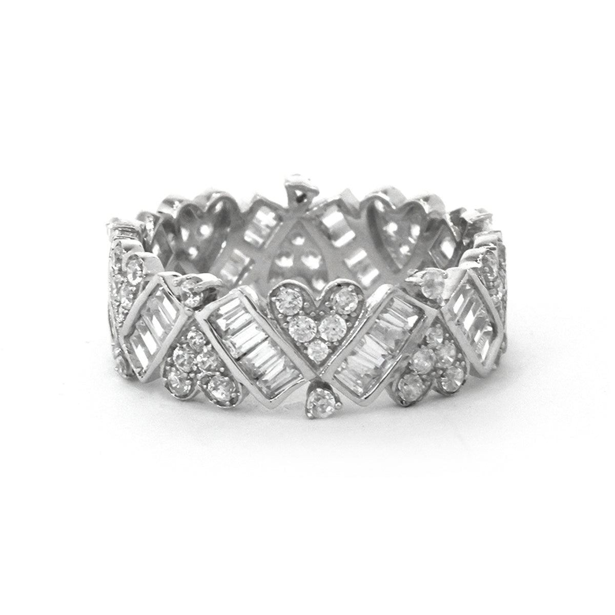 Silver ring with diamond accents on a white background