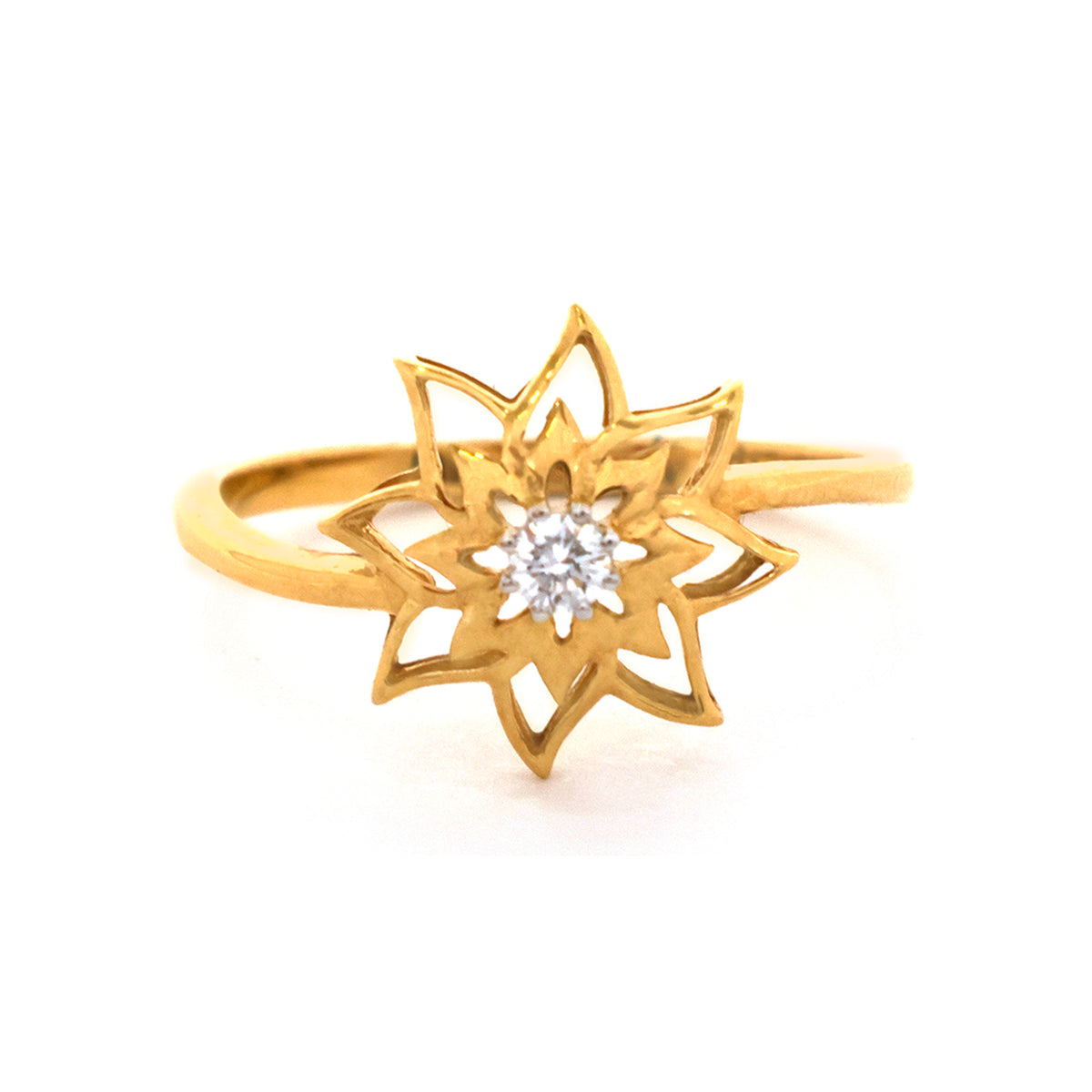 Gold ring with a diamond in the center on a white background