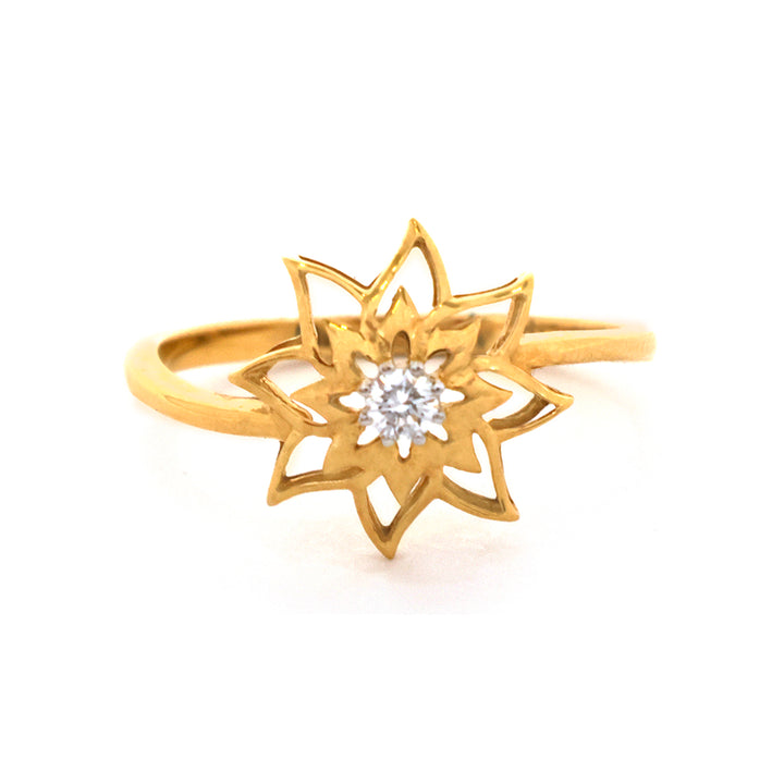 Gold ring with a diamond in the center on a white background