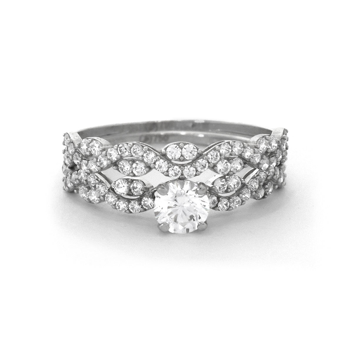 Multi-layered diamond ring on a white background