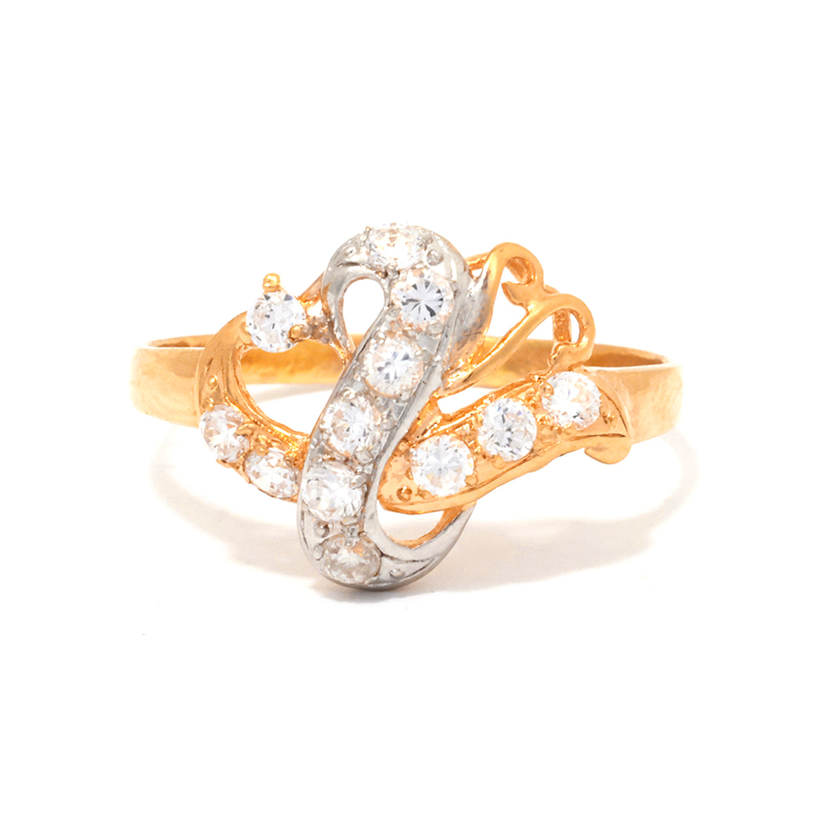 Gold and silver ring with diamond accents on a white background