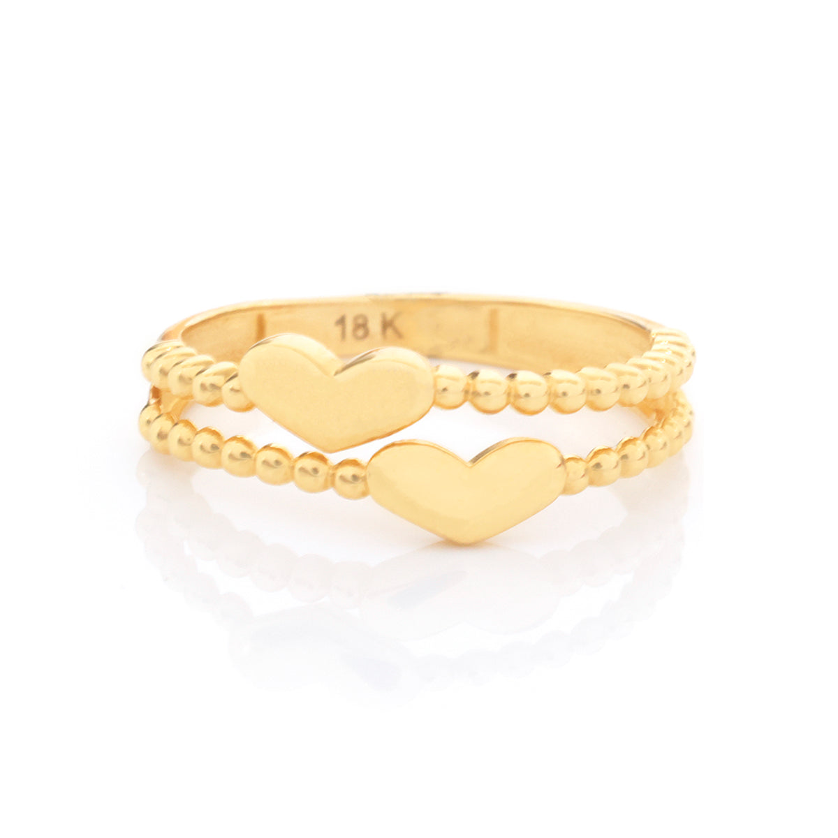 18K Gold Beaded Double Heart Ring