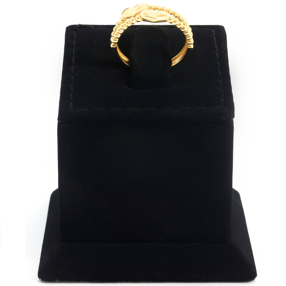 18K Gold Beaded Double Heart Ring
