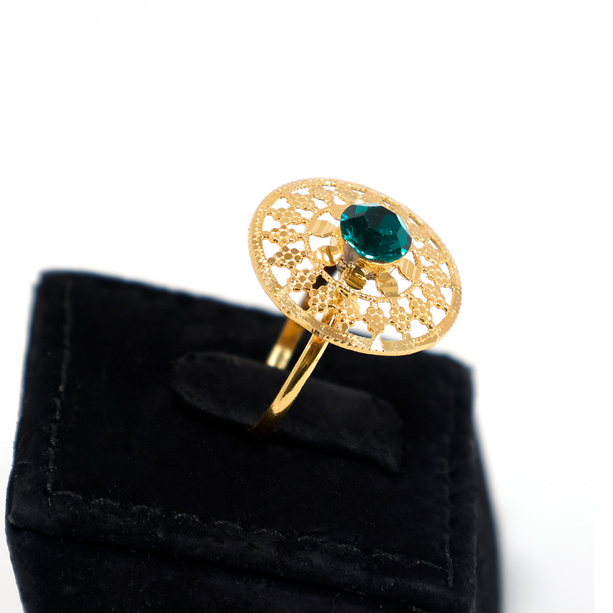 21K Gold Filigree Ring with Green Stone - Traditional Design - Side Angle