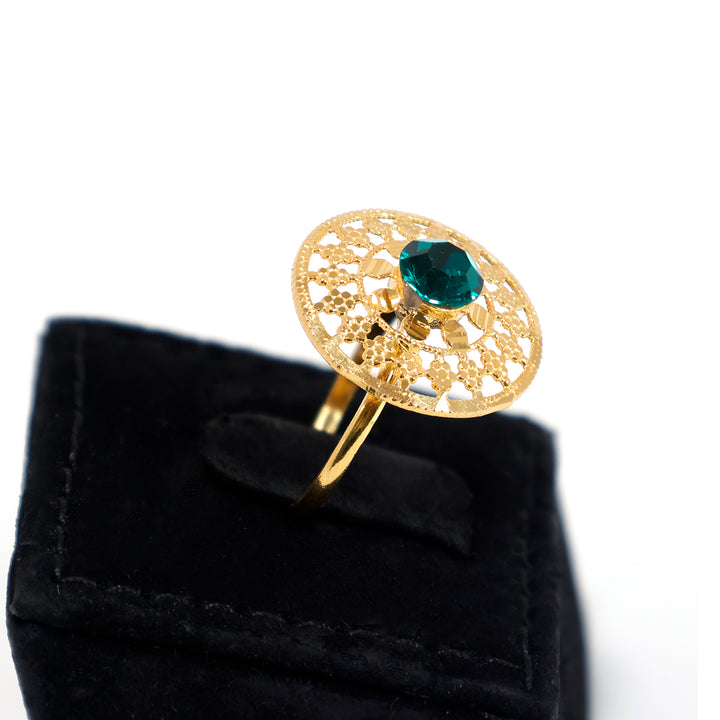 21K Gold Filigree Ring with Green Stone - Traditional Design - Side Angle