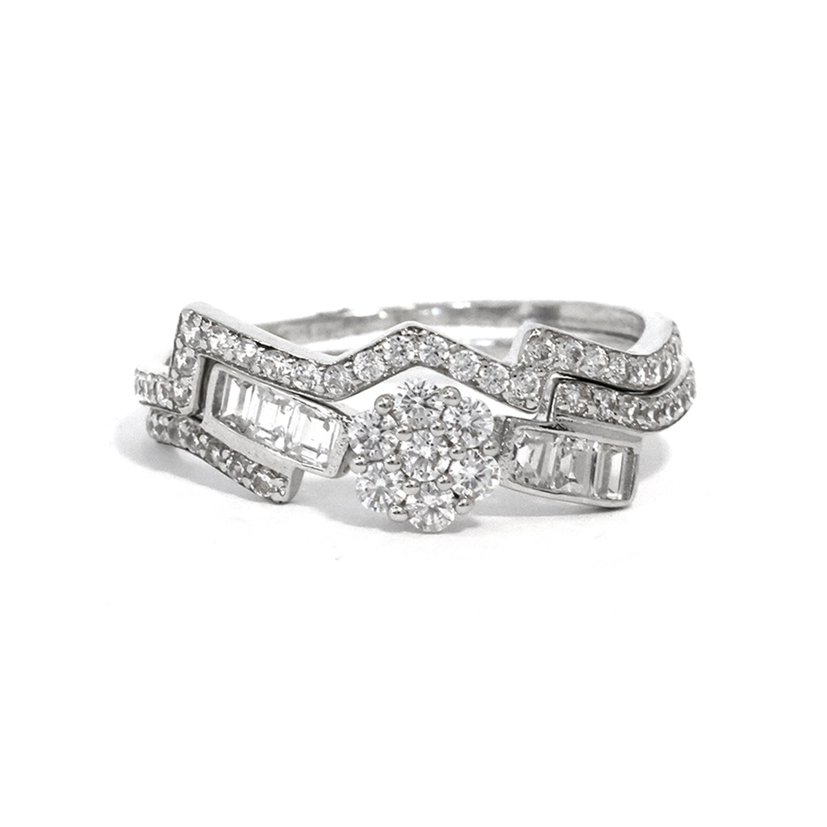Silver ring with diamond accents on a white background