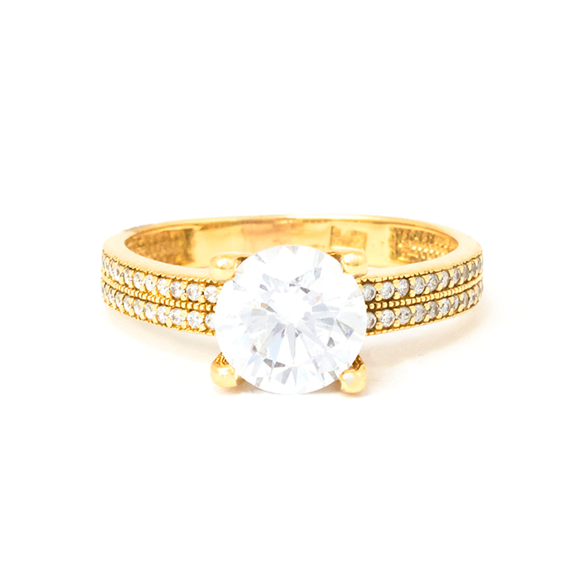 Gold ring with a large diamond and smaller diamonds on the band against a white background