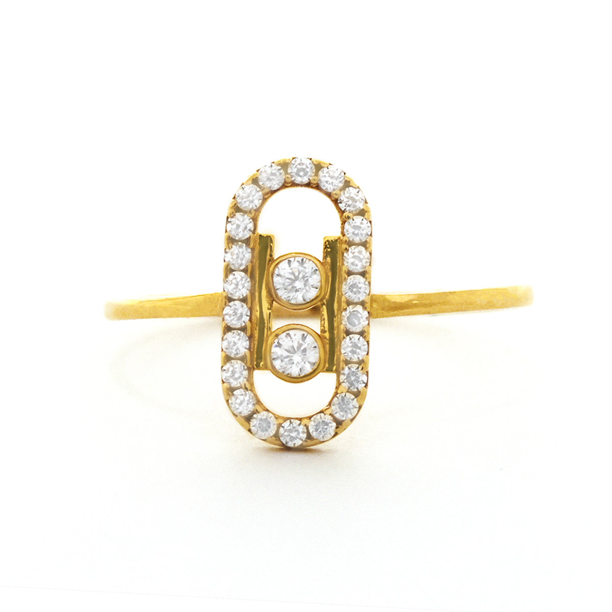 Gold ring with diamond accents on a white background