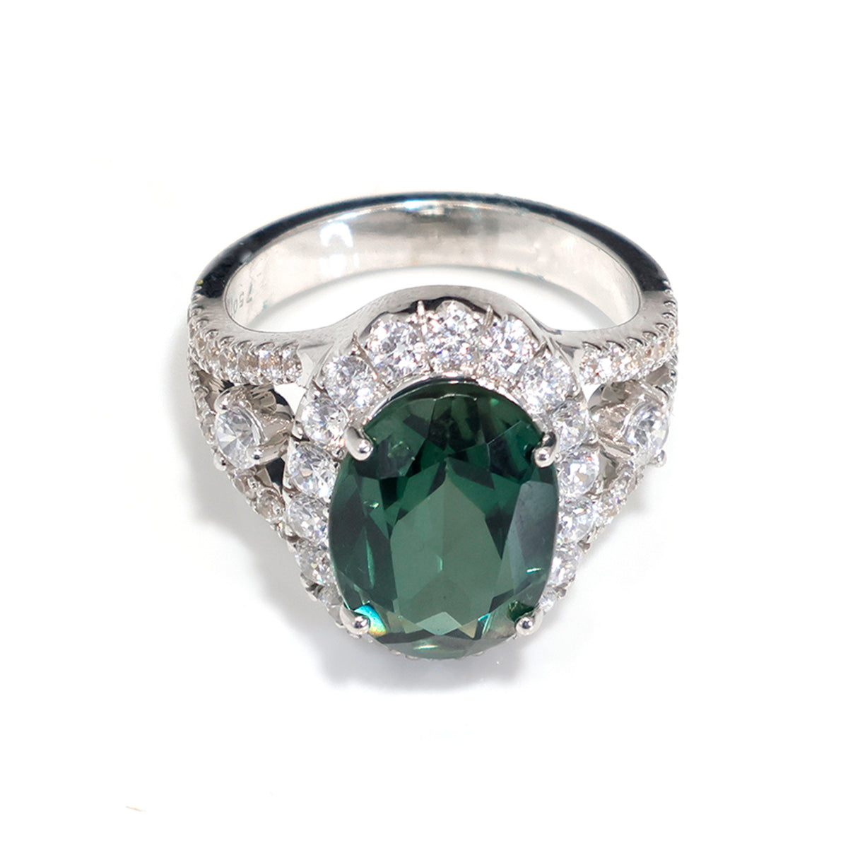 18K Gold Ring - White Gold Green Tourmaline CZ Halo Design – Main View