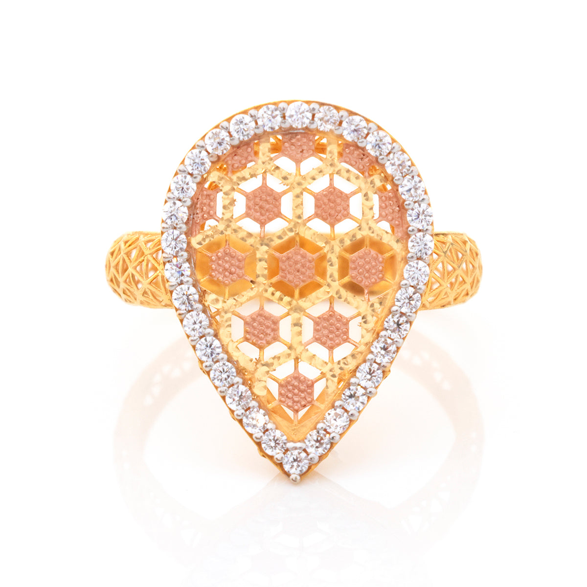 22K Gold Pave Halo Teardrop Honeycomb Ring