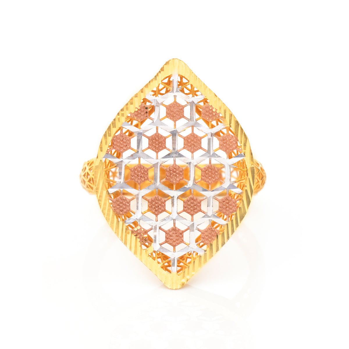 22K Gold Tri-Color Hexagon Honeycomb Ring