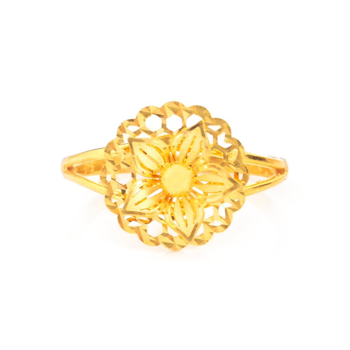 A gold filigree ring featuring a detailed floral design with an openwork pattern and a polished central circle, set against a plain white background.