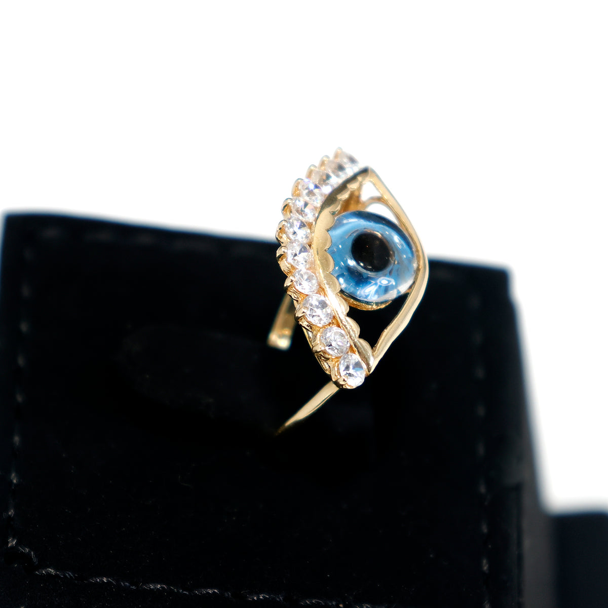 18K Gold Evil Eye CZ Ring with Blue Centre - Zero Making Charge - Side Angle
