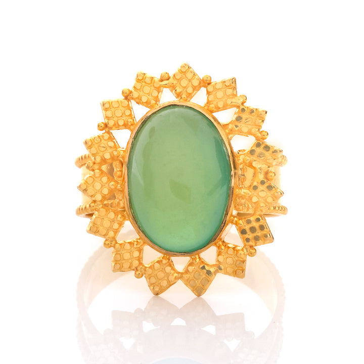 21K Gold Oval Cabochon Sunburst Halo Ring