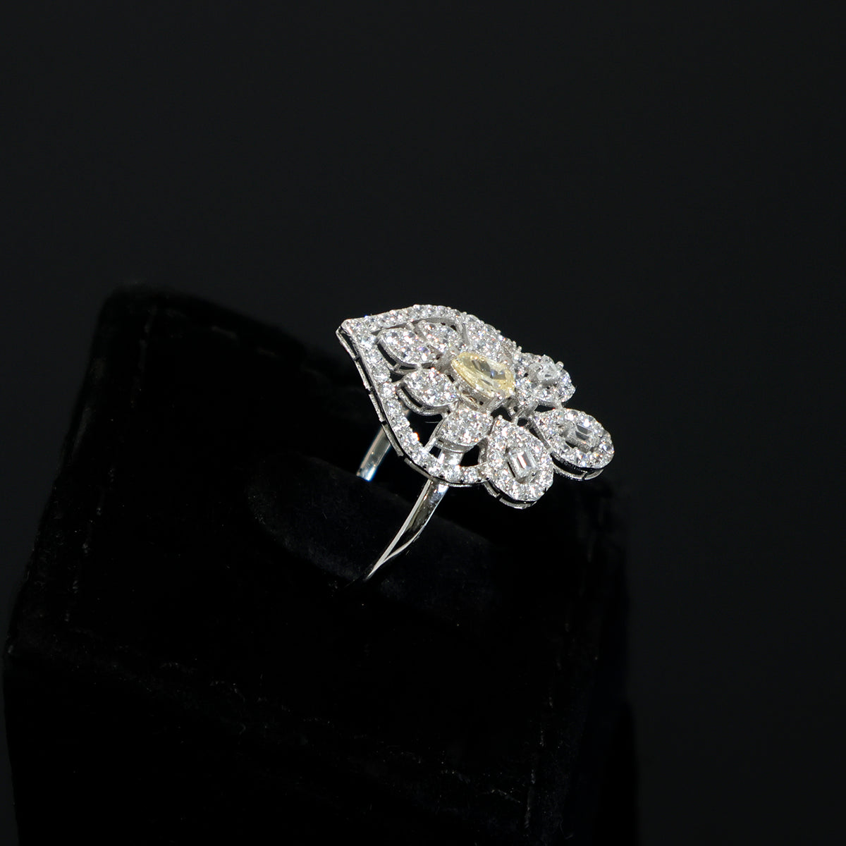 18K White Gold CZ Ring with Floral Design – Zero Making Charge - Side Angle