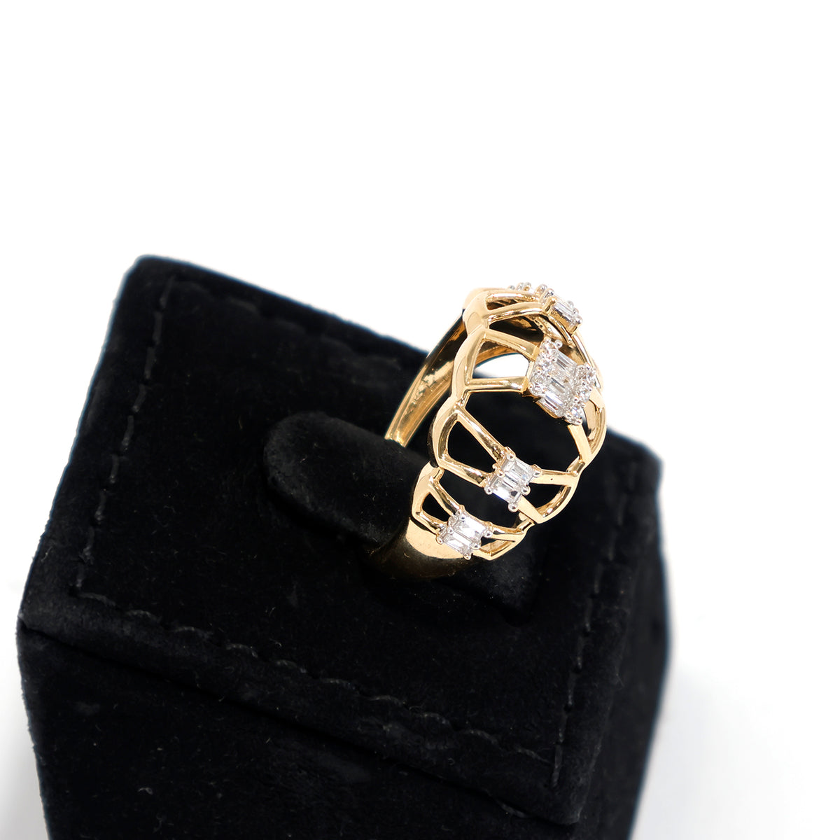 18K Gold Ring – CZ Stones in a Modern Open Design - Side Angle